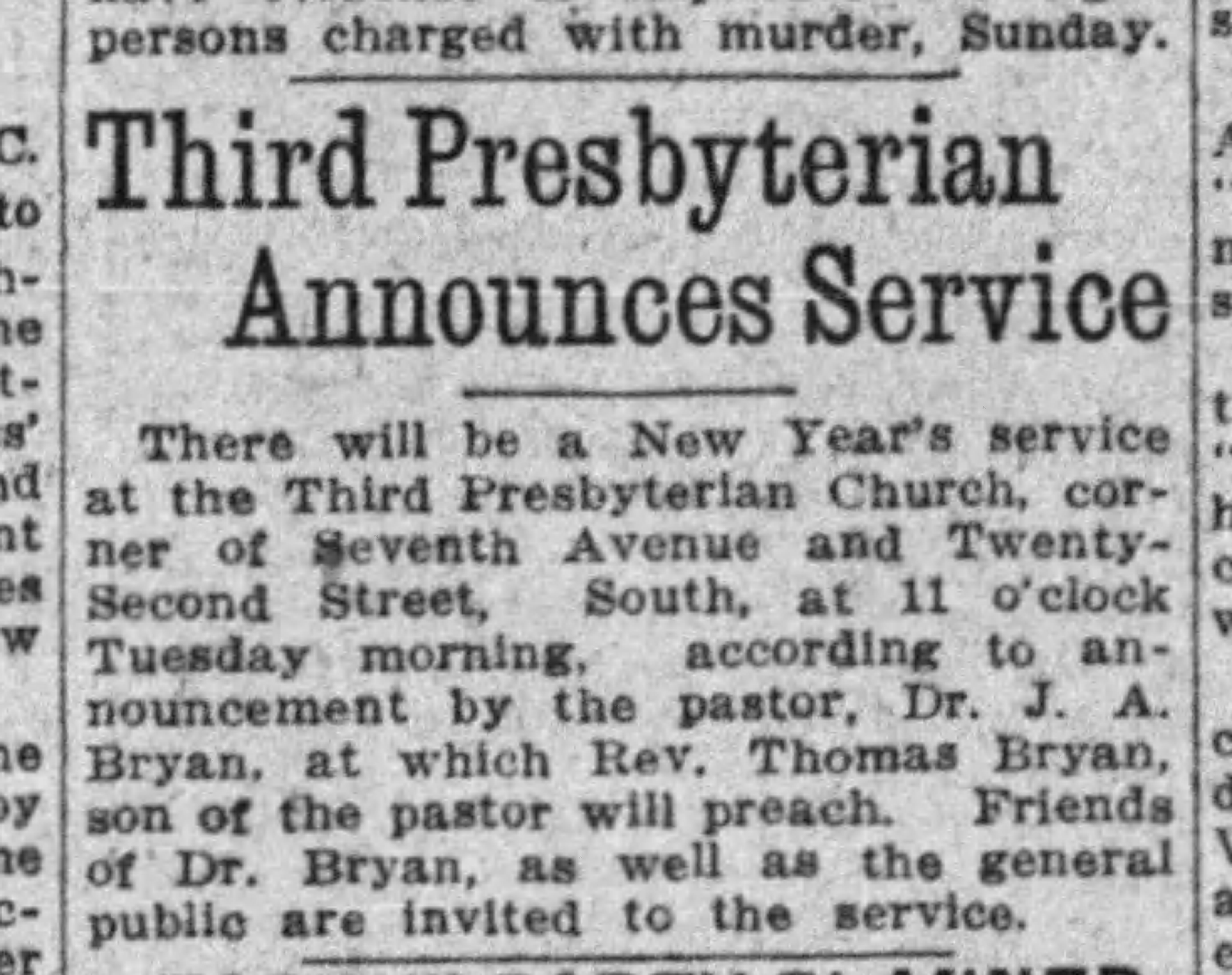 Third Presbyterian Announces Service